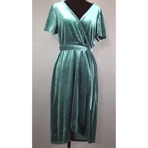 Badgley Mischka Dress Womens Medium Petite Green Velvet Sparkle Faux Wrap Belted